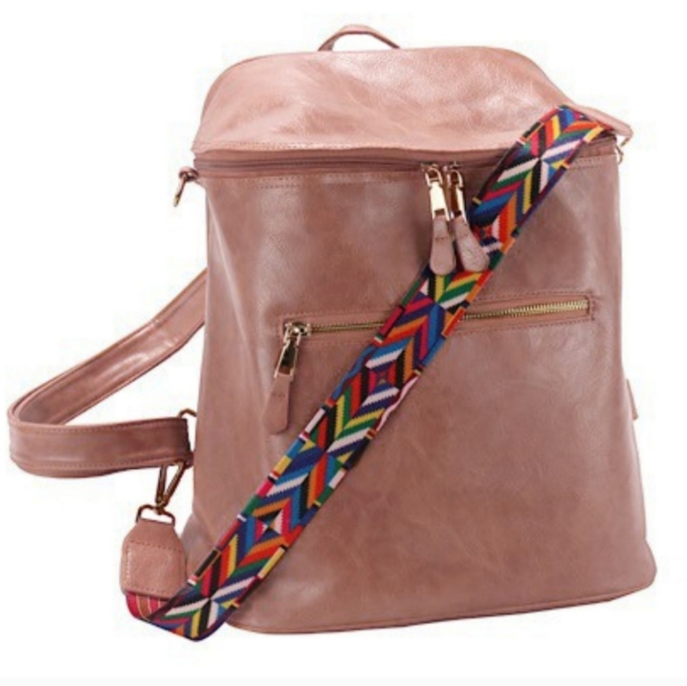 Faux Leather Blush Backpack with Embroidered sides Strap NEW